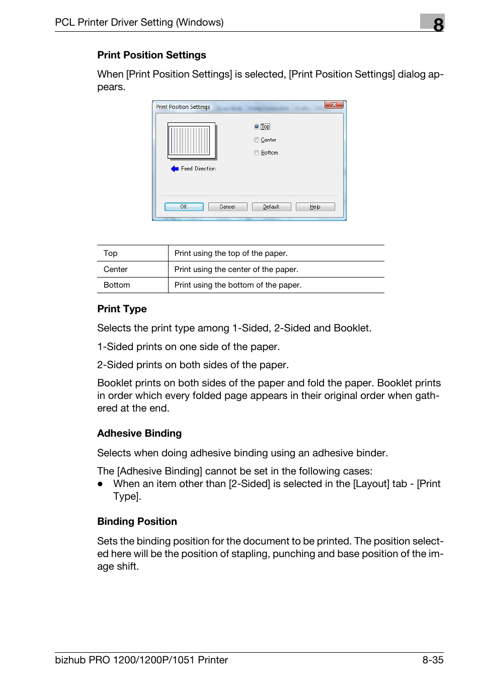 Print position settings, Print type, Adhesive binding | Binding position | Konica Minolta bizhub PRO 1051 User Manual | Page 166 / 355