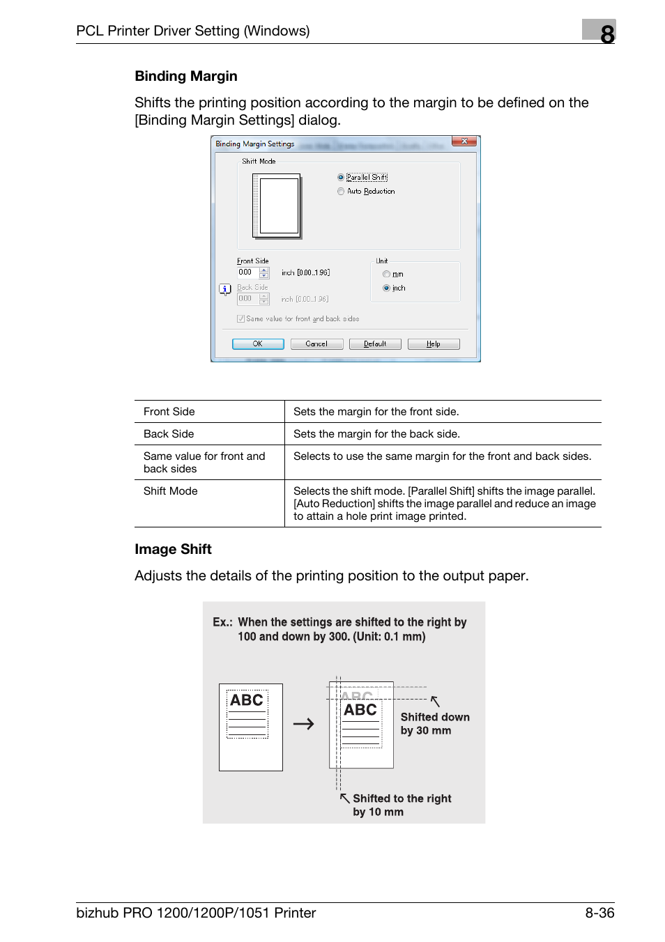 Binding margin, Image shift | Konica Minolta bizhub PRO 1051 User Manual | Page 167 / 355