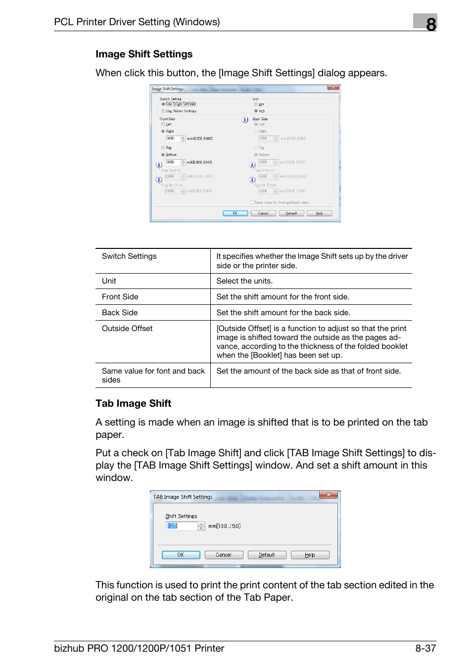 Image shift settings, Tab image shift | Konica Minolta bizhub PRO 1051 User Manual | Page 168 / 355