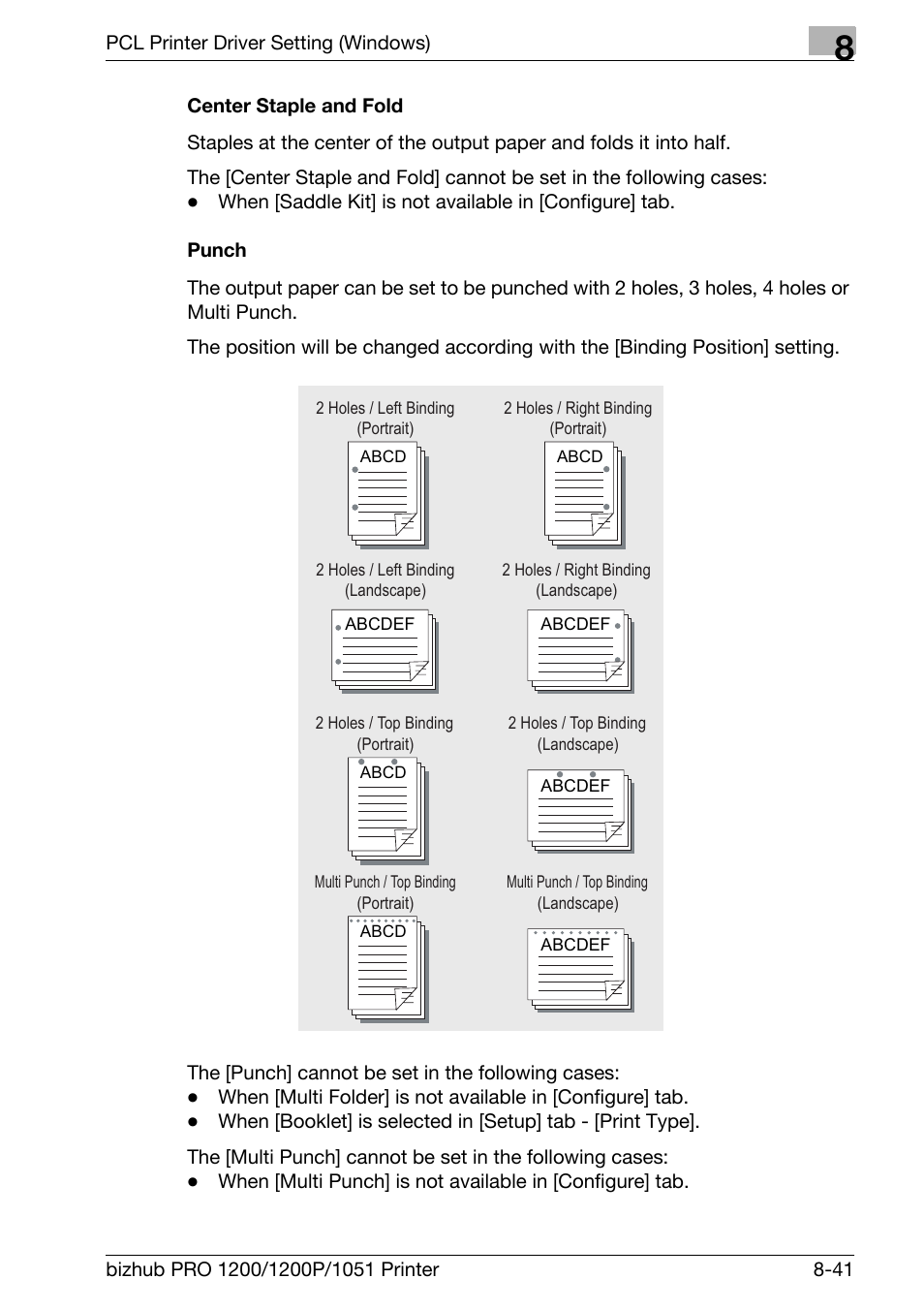 Center staple and fold, Punch | Konica Minolta bizhub PRO 1051 User Manual | Page 172 / 355