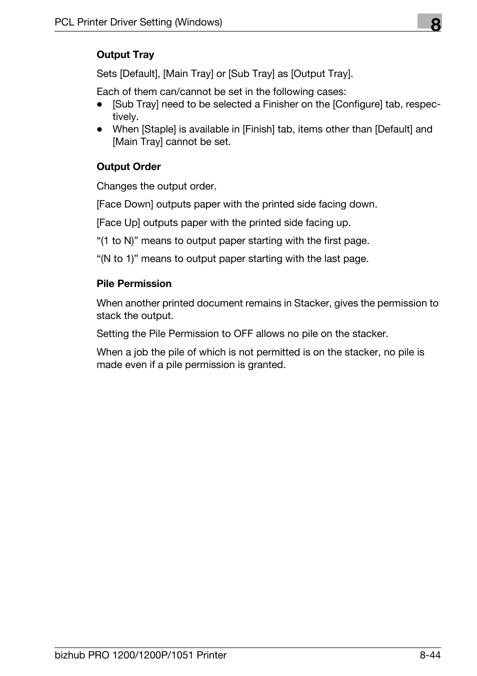 Output tray, Output order, Pile permission | Konica Minolta bizhub PRO 1051 User Manual | Page 175 / 355