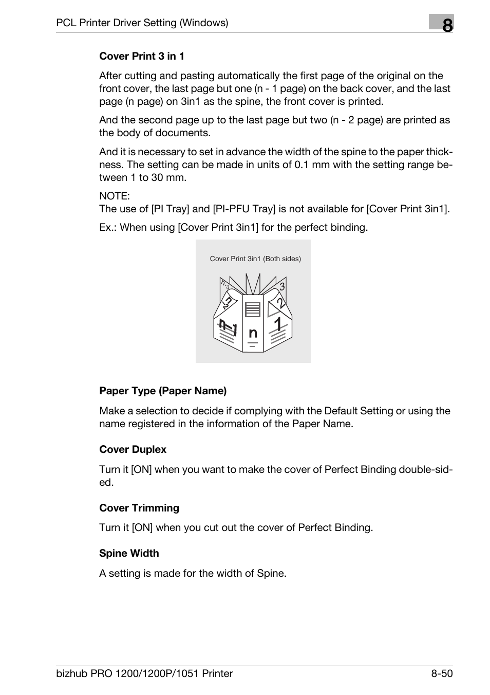 Cover print 3 in 1, Paper type (paper name), Cover duplex | Cover trimming, Spine width | Konica Minolta bizhub PRO 1051 User Manual | Page 181 / 355