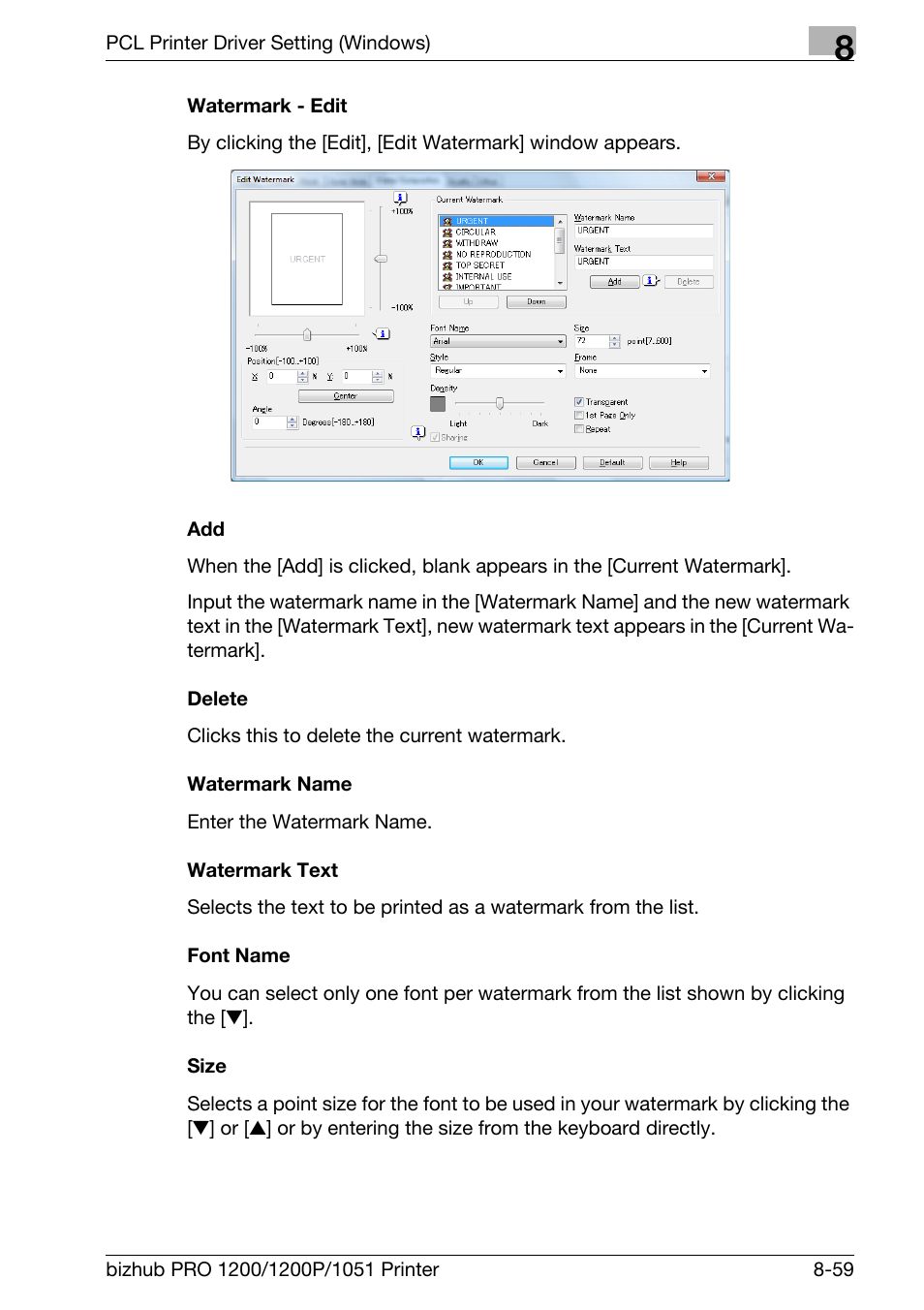 Watermark - edit, Delete, Watermark name | Watermark text, Font name, Size | Konica Minolta bizhub PRO 1051 User Manual | Page 190 / 355