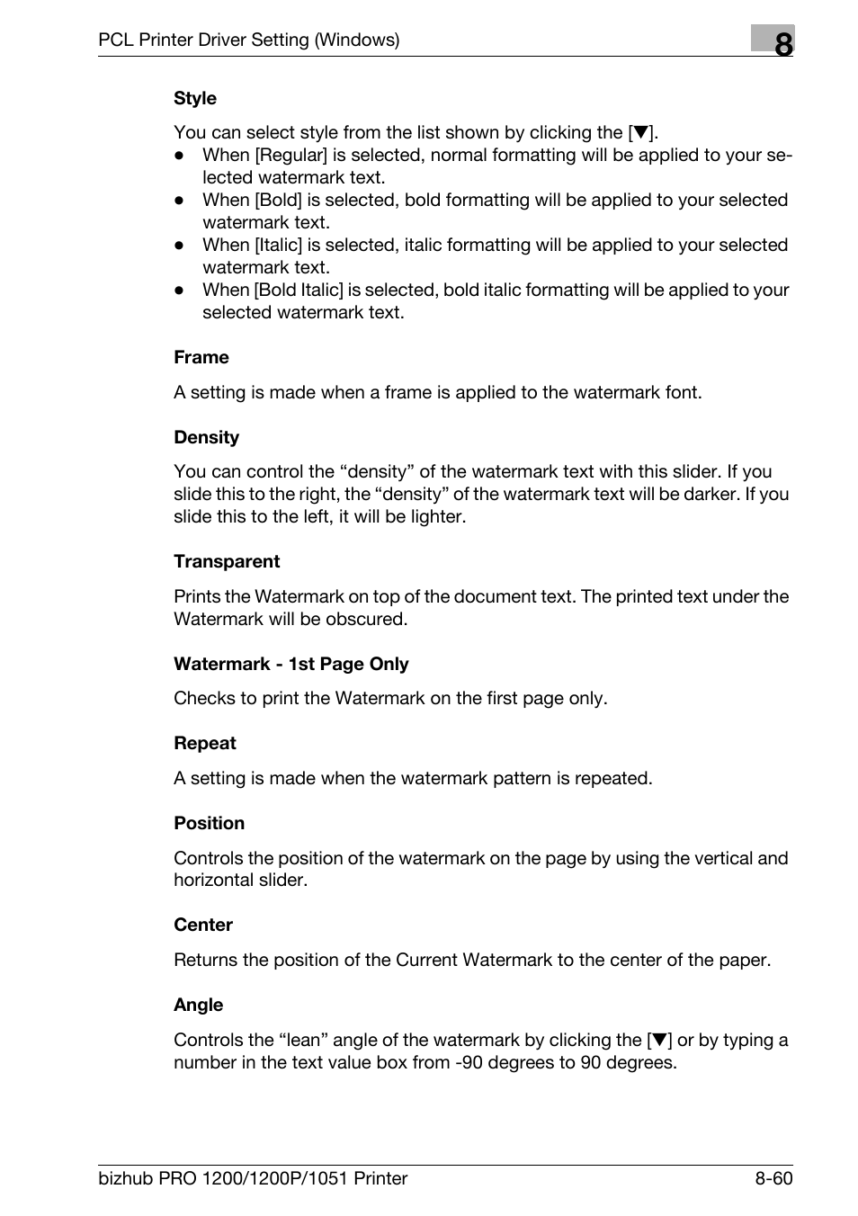 Style, Frame, Density | Transparent, Repeat, Position, Center, Angle | Konica Minolta bizhub PRO 1051 User Manual | Page 191 / 355