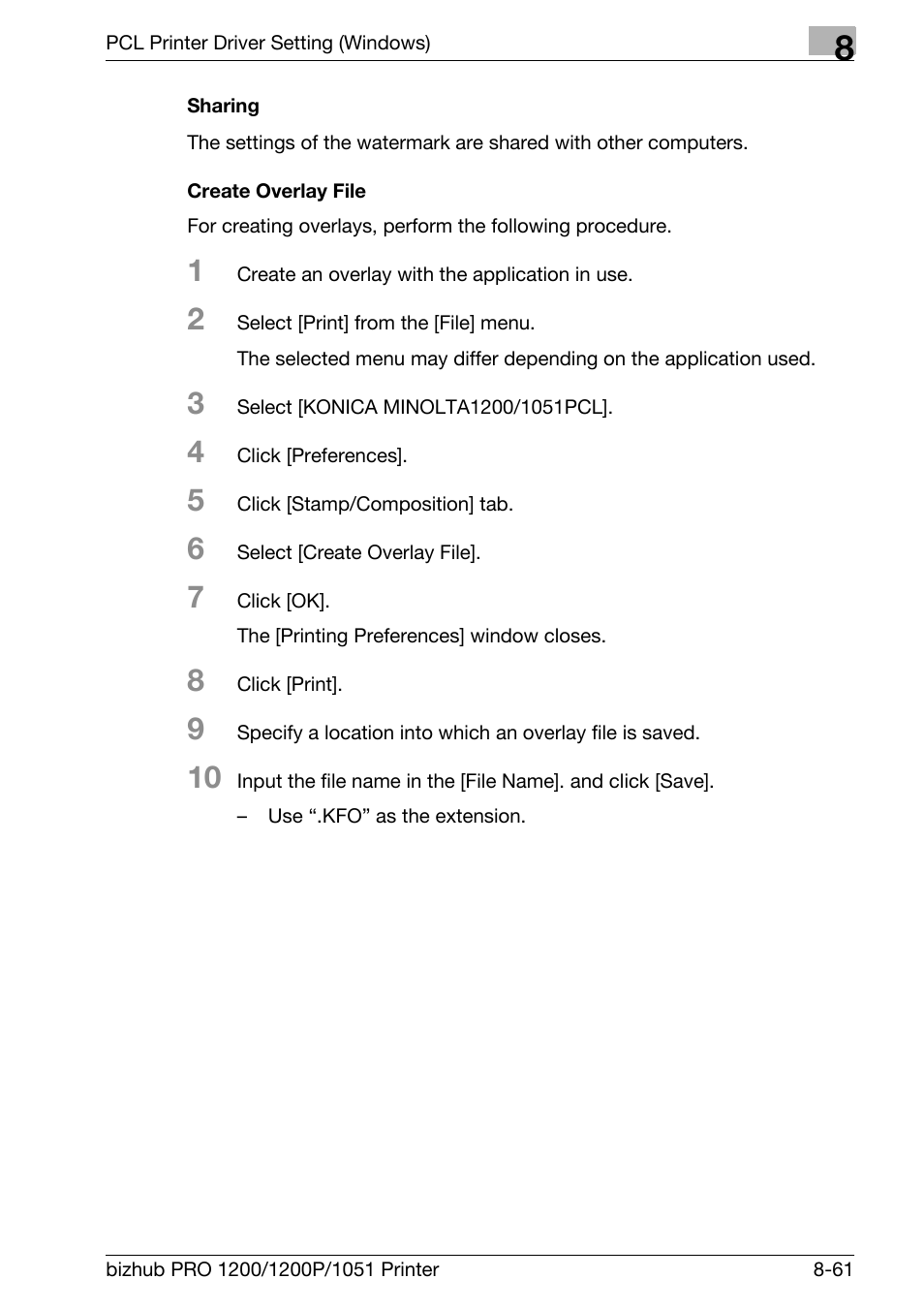 Sharing, Create overlay file | Konica Minolta bizhub PRO 1051 User Manual | Page 192 / 355