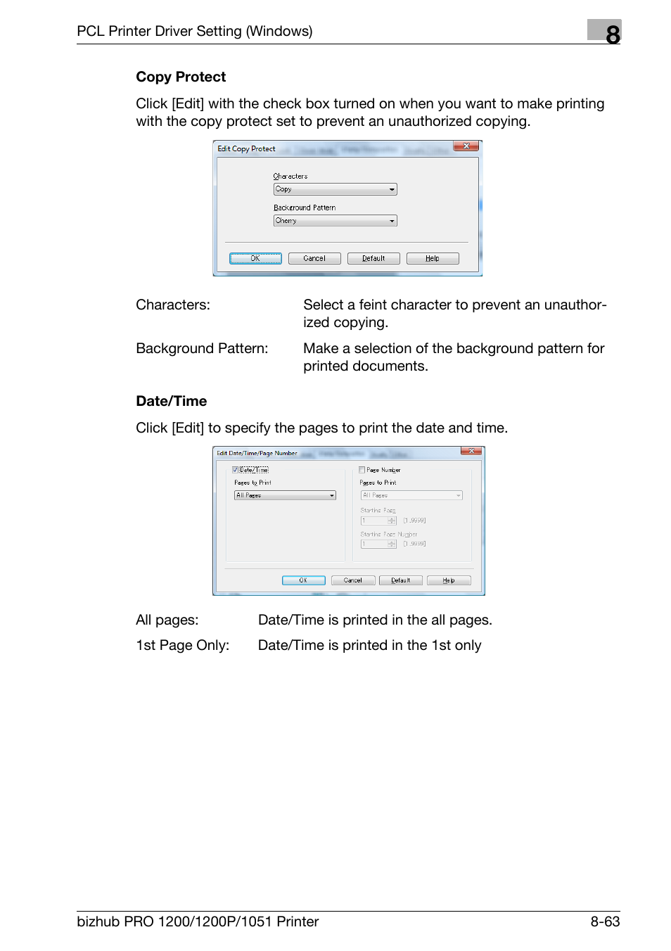 Copy protect, Date/time | Konica Minolta bizhub PRO 1051 User Manual | Page 194 / 355