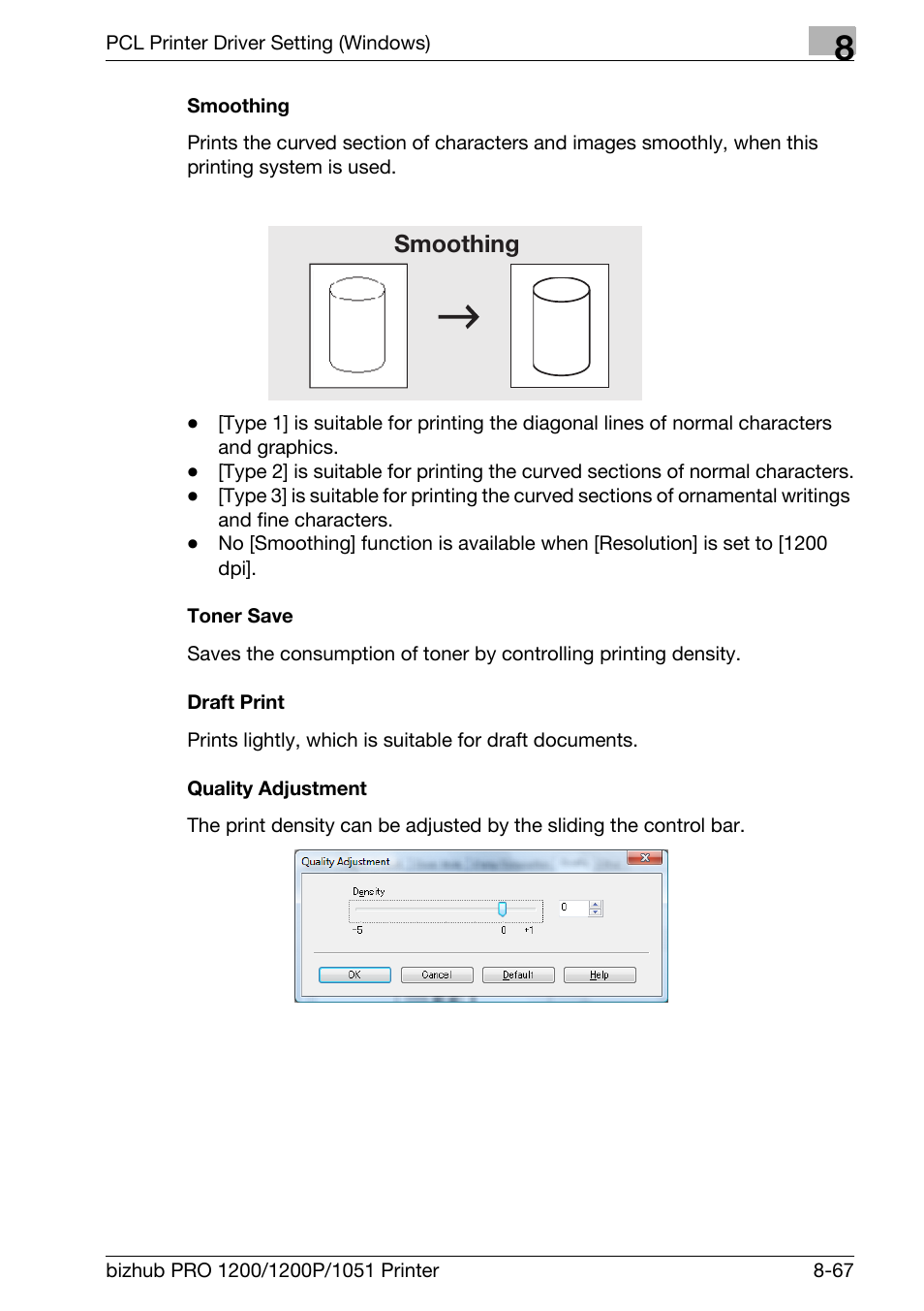 Smoothing, Toner save, Draft print | Quality adjustment | Konica Minolta bizhub PRO 1051 User Manual | Page 198 / 355