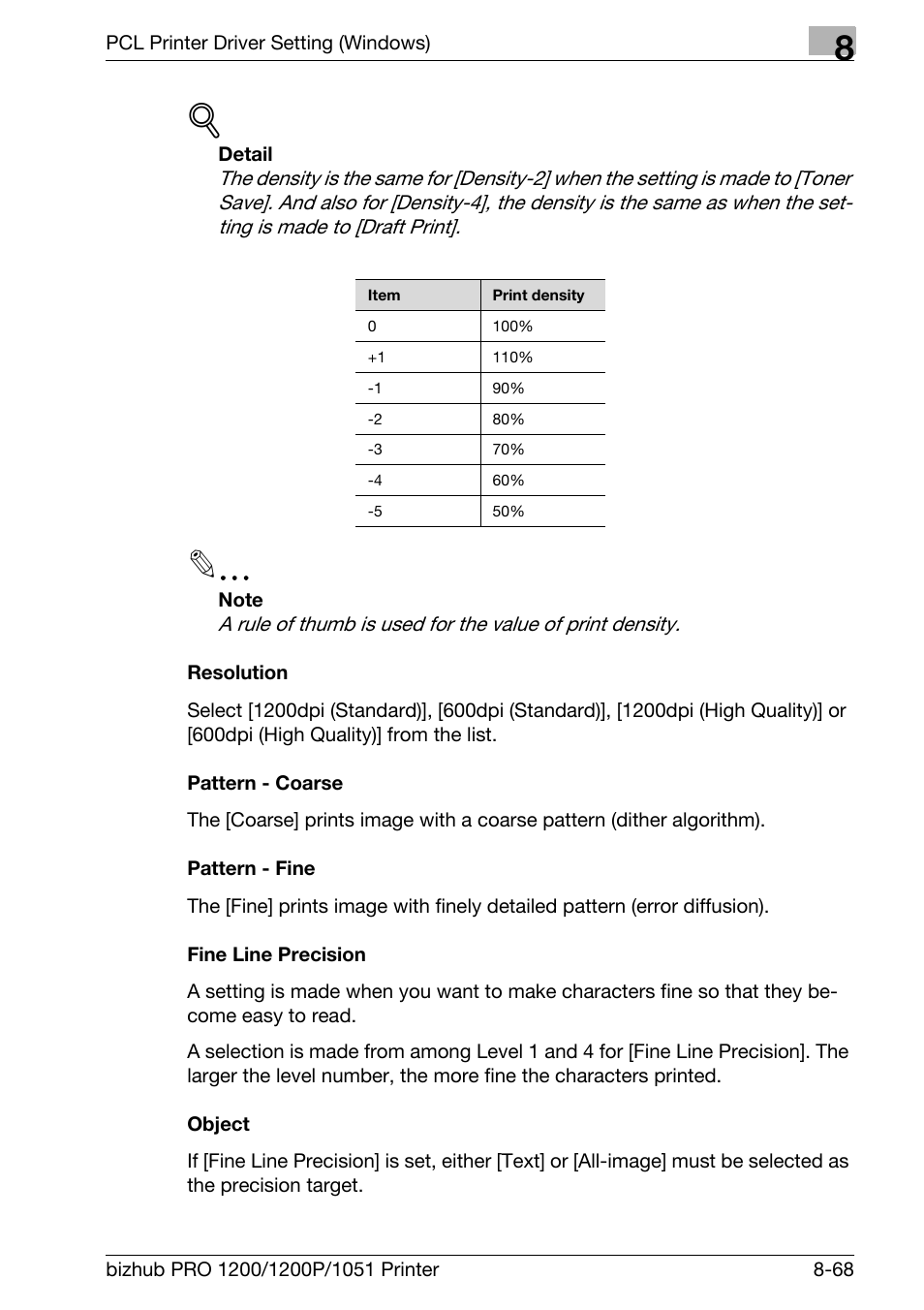 Resolution, Pattern - coarse, Pattern - fine | Fine line precision, Object | Konica Minolta bizhub PRO 1051 User Manual | Page 199 / 355