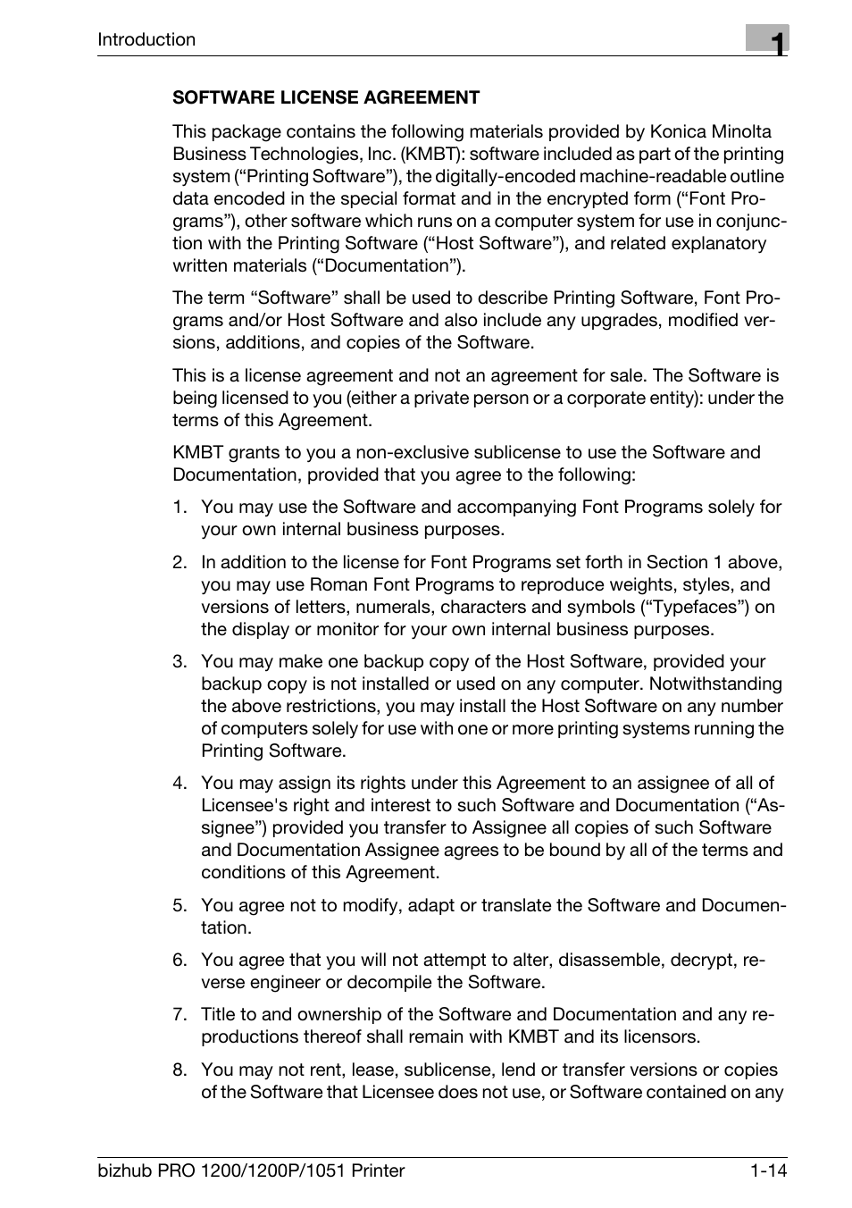 Software license agreement | Konica Minolta bizhub PRO 1051 User Manual | Page 20 / 355