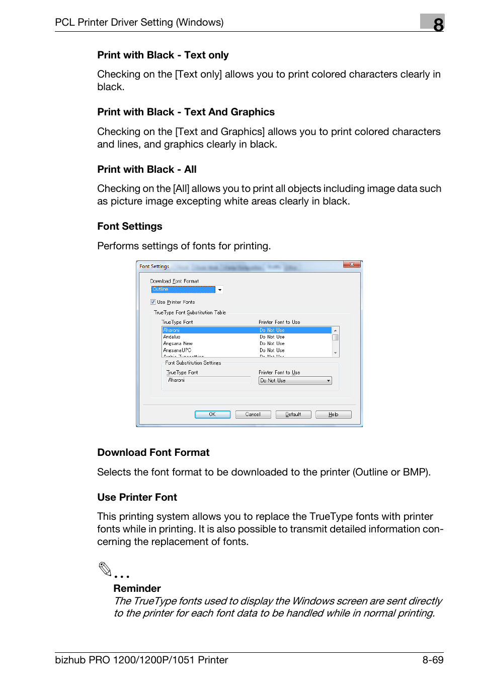 Print with black - text only, Print with black - text and graphics, Print with black - all | Font settings, Download font format, Use printer font | Konica Minolta bizhub PRO 1051 User Manual | Page 200 / 355