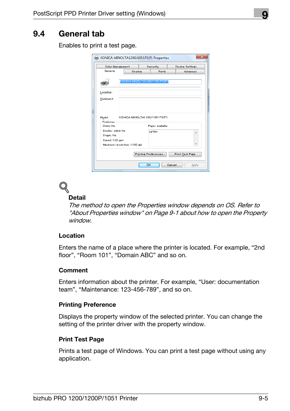 4 general tab, Location, Comment | Printing preference, General tab -5 | Konica Minolta bizhub PRO 1051 User Manual | Page 213 / 355