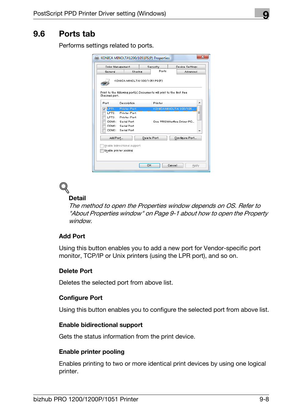 6 ports tab, Add port, Delete port | Configure port, Enable bidirectional support, Enable printer pooling, Ports tab -8 | Konica Minolta bizhub PRO 1051 User Manual | Page 216 / 355