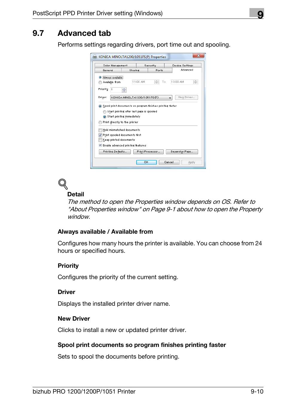 7 advanced tab, Always available / available from, Priority | Driver, New driver, Advanced tab -10 | Konica Minolta bizhub PRO 1051 User Manual | Page 218 / 355