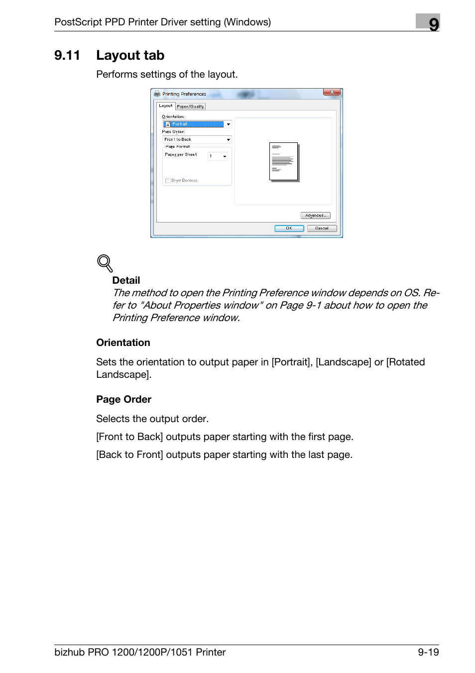 11 layout tab, Orientation, Layout tab -19 | Konica Minolta bizhub PRO 1051 User Manual | Page 227 / 355