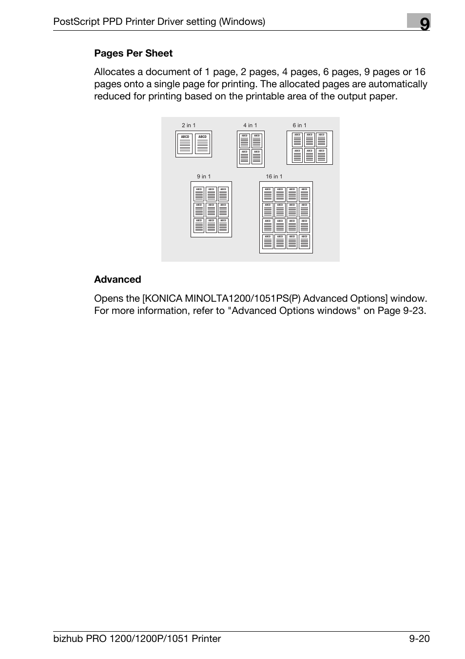 Advanced, Postscript ppd printer driver setting (windows) | Konica Minolta bizhub PRO 1051 User Manual | Page 228 / 355