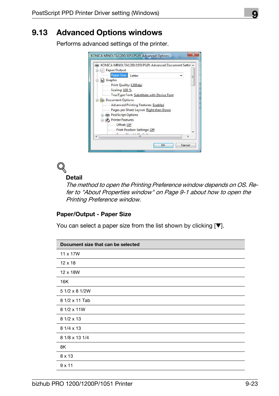 13 advanced options windows, Paper/output - paper size, Advanced options windows -23 | Konica Minolta bizhub PRO 1051 User Manual | Page 231 / 355