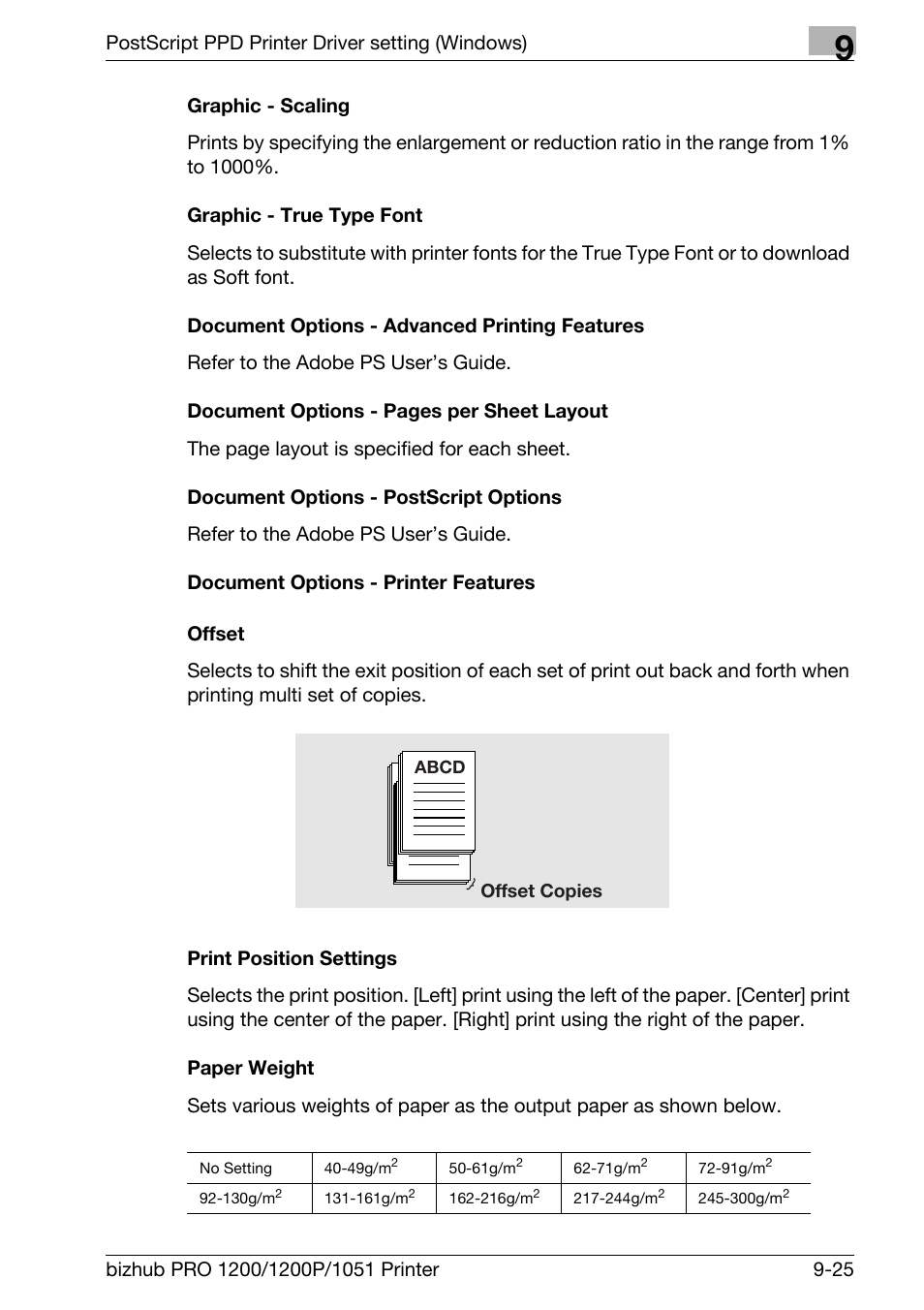 Graphic - scaling, Graphic - true type font, Document options - advanced printing features | Document options - postscript options, Document options - printer features, Offset, Print position settings, Paper weight | Konica Minolta bizhub PRO 1051 User Manual | Page 233 / 355