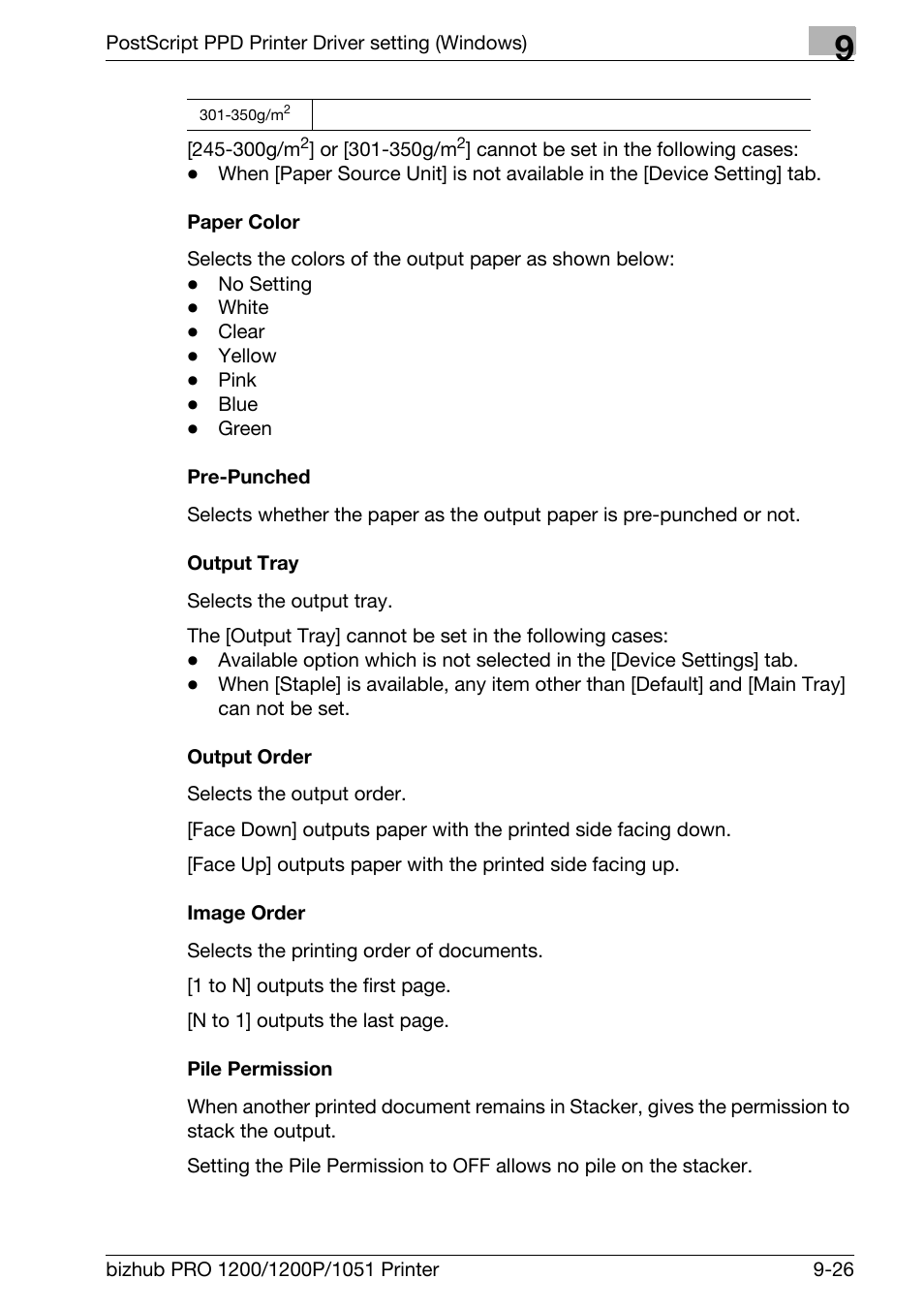 Paper color, Pre-punched, Output tray | Output order, Image order, Pile permission | Konica Minolta bizhub PRO 1051 User Manual | Page 234 / 355