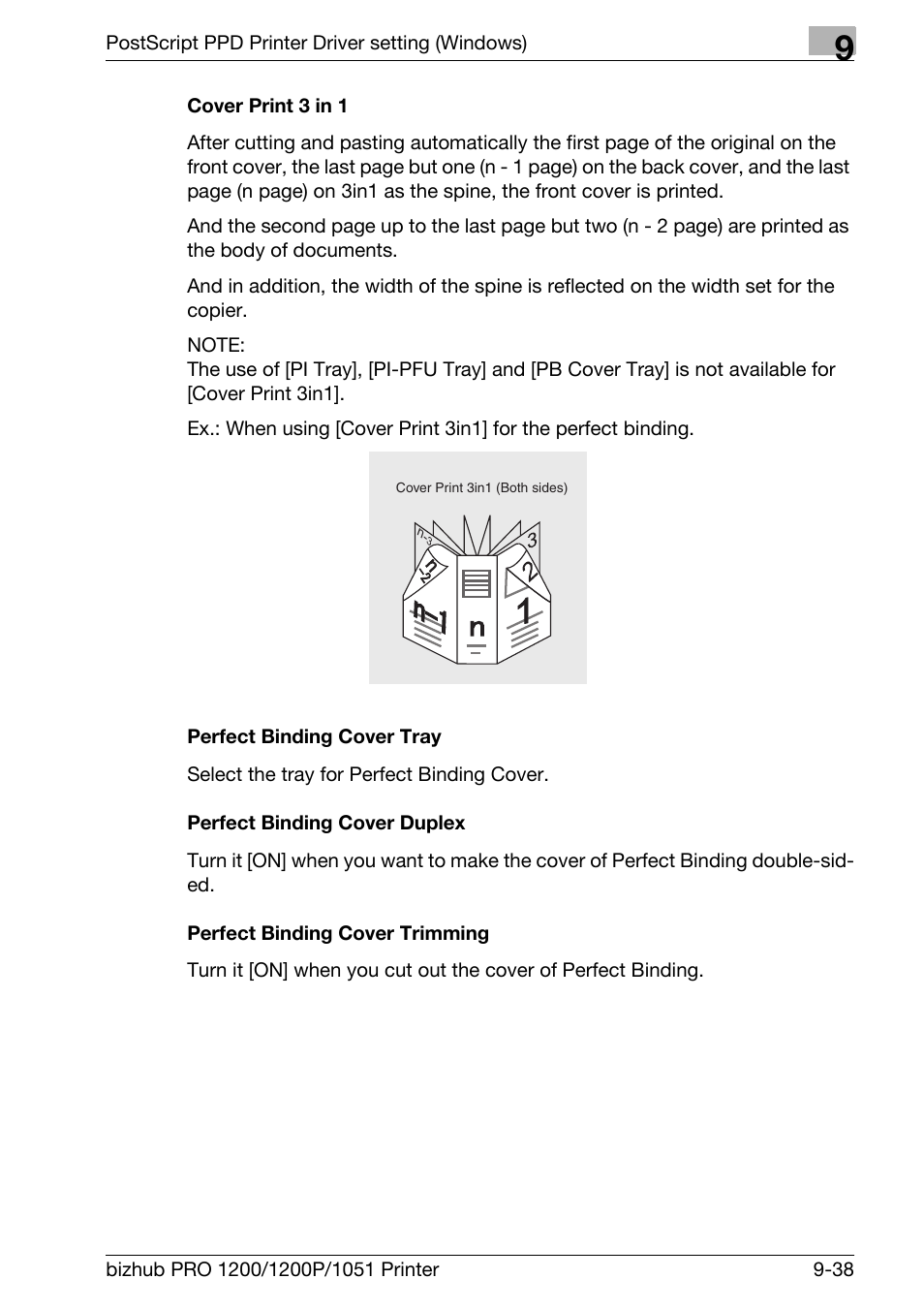 Cover print 3 in 1, Perfect binding cover tray, Perfect binding cover duplex | Perfect binding cover trimming | Konica Minolta bizhub PRO 1051 User Manual | Page 246 / 355