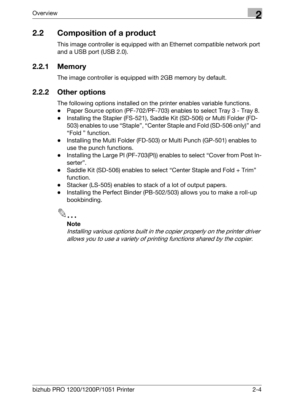 2 composition of a product, 1 memory, 2 other options | Composition of a product -4, Memory -4, Other options -4 | Konica Minolta bizhub PRO 1051 User Manual | Page 25 / 355