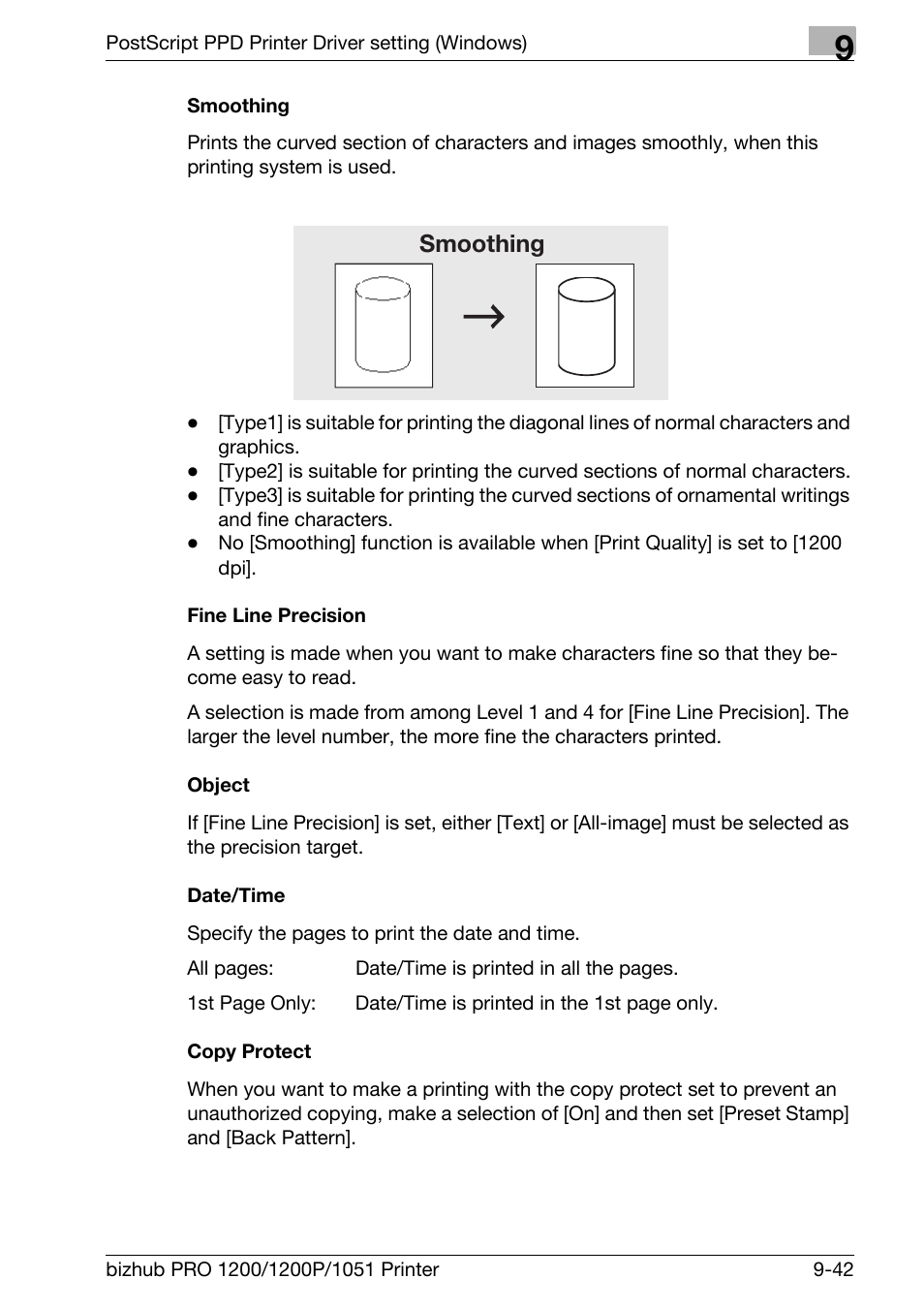 Smoothing, Fine line precision, Object | Date/time, Copy protect | Konica Minolta bizhub PRO 1051 User Manual | Page 250 / 355