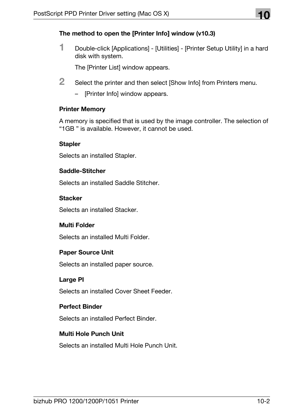 Printer memory, Stapler, Saddle-stitcher | Stacker, Multi folder, Paper source unit, Large pi, Perfect binder, Multi hole punch unit | Konica Minolta bizhub PRO 1051 User Manual | Page 253 / 355