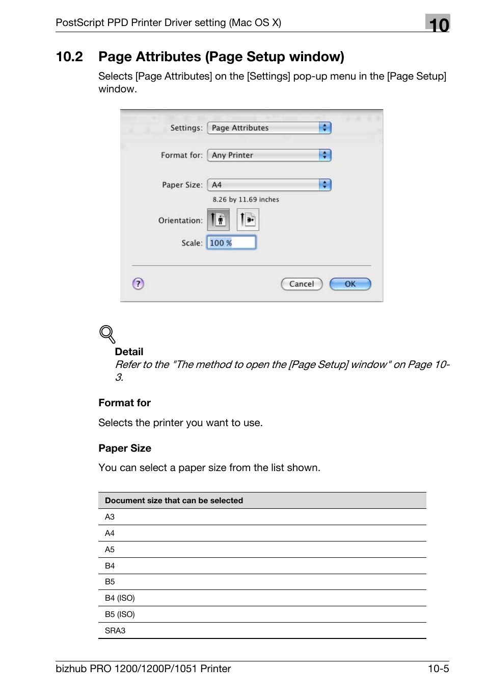 Format for, Paper size, 2 page attributes (page setup window) | Konica Minolta bizhub PRO 1051 User Manual | Page 256 / 355