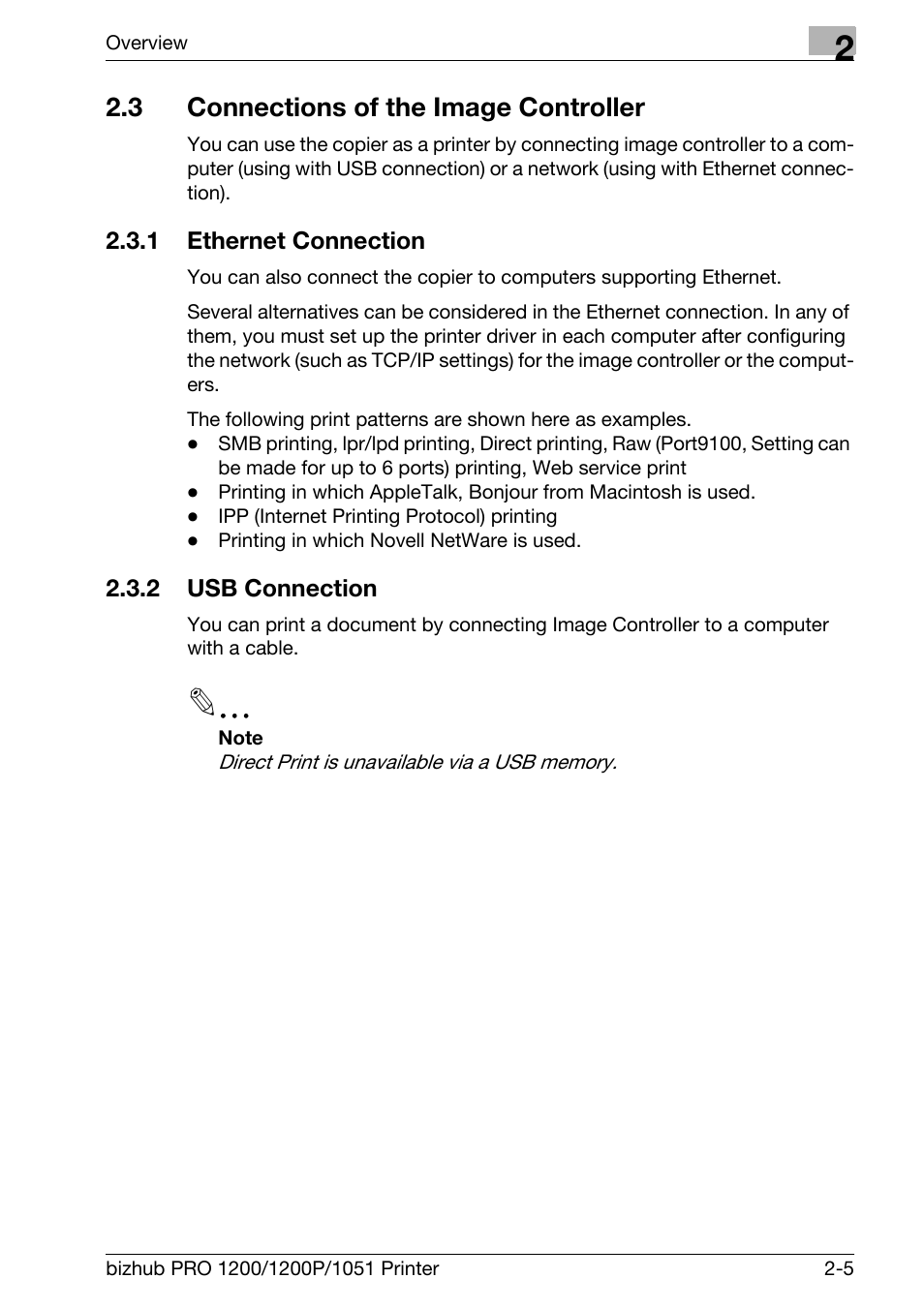 3 connections of the image controller, 1 ethernet connection, 2 usb connection | Connections of the image controller -5, Ethernet connection -5, Usb connection -5 | Konica Minolta bizhub PRO 1051 User Manual | Page 26 / 355