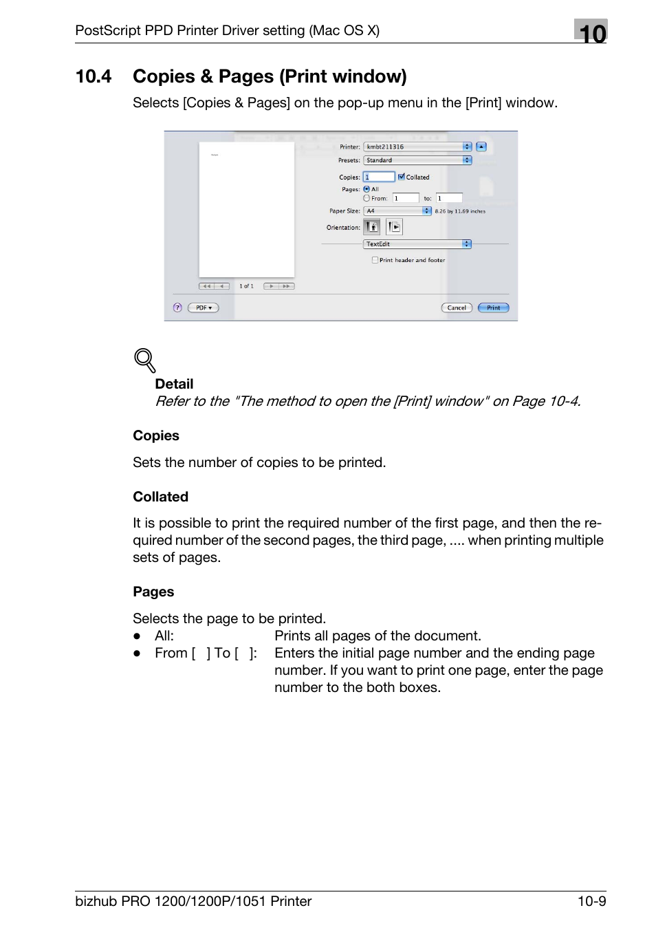 Copies, Collated, 4 copies & pages (print window) | Konica Minolta bizhub PRO 1051 User Manual | Page 260 / 355