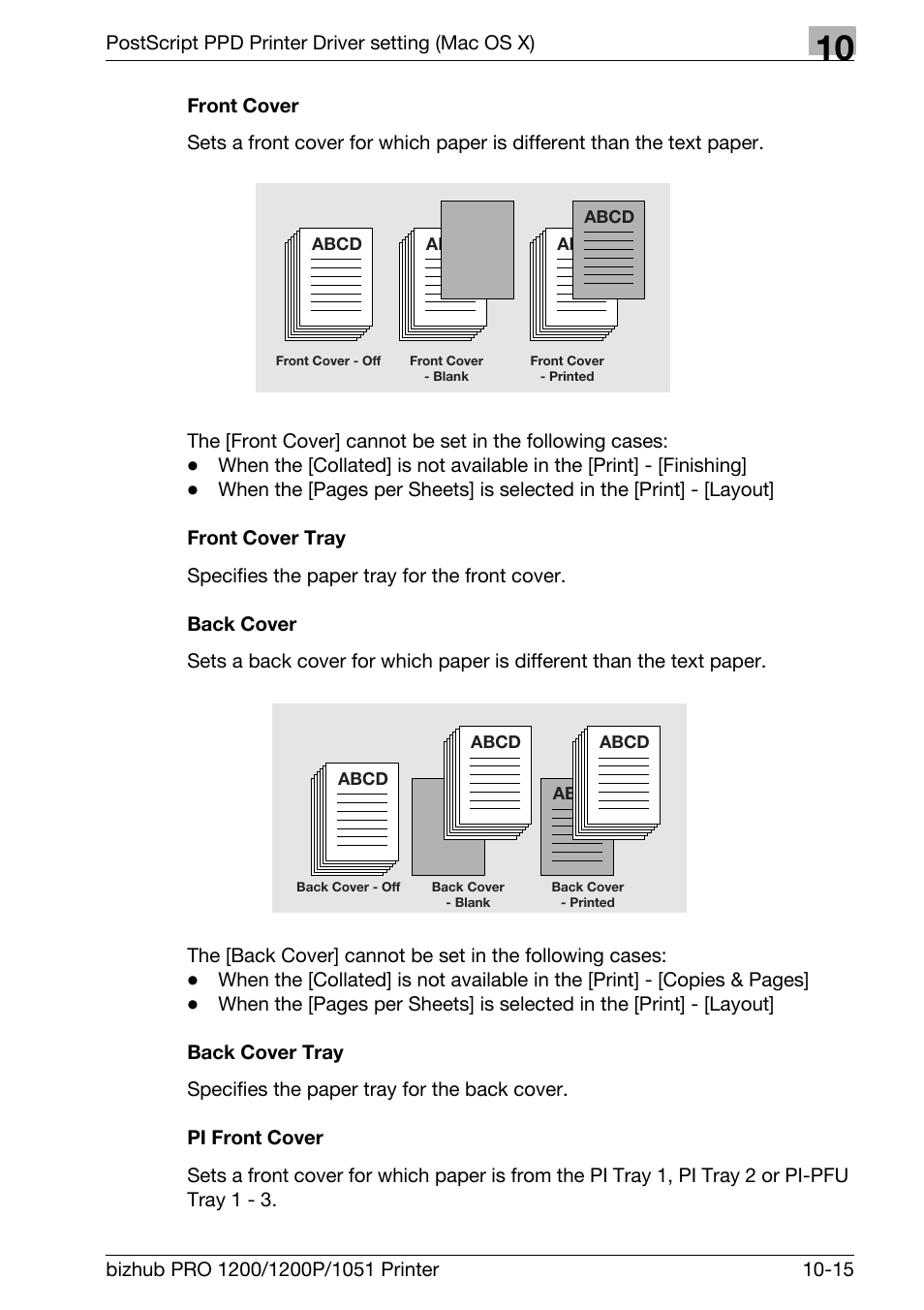 Front cover, Front cover tray, Back cover | Back cover tray, Pi front cover | Konica Minolta bizhub PRO 1051 User Manual | Page 266 / 355