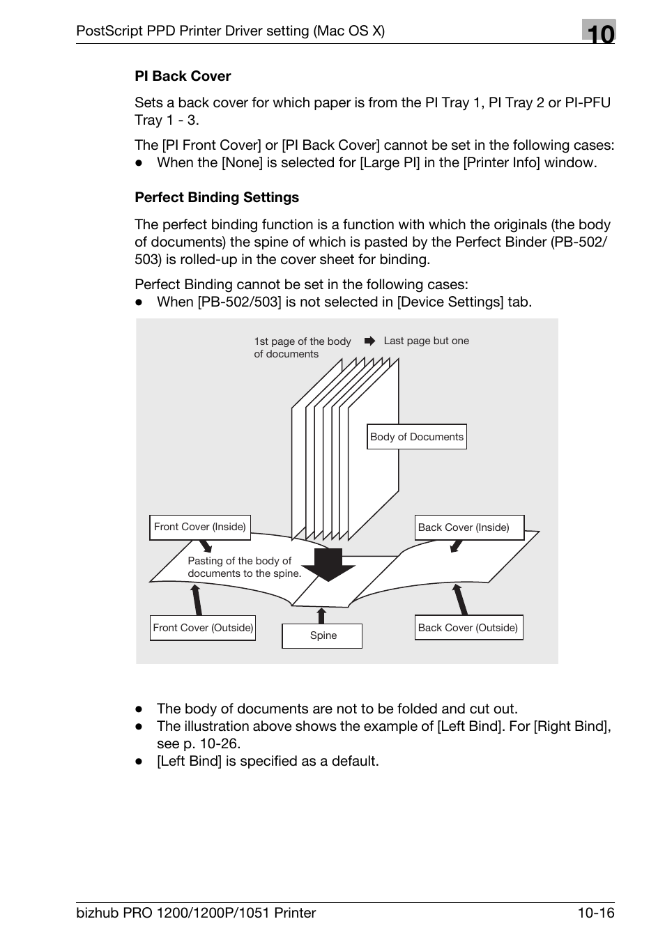 Pi back cover, Perfect binding settings | Konica Minolta bizhub PRO 1051 User Manual | Page 267 / 355