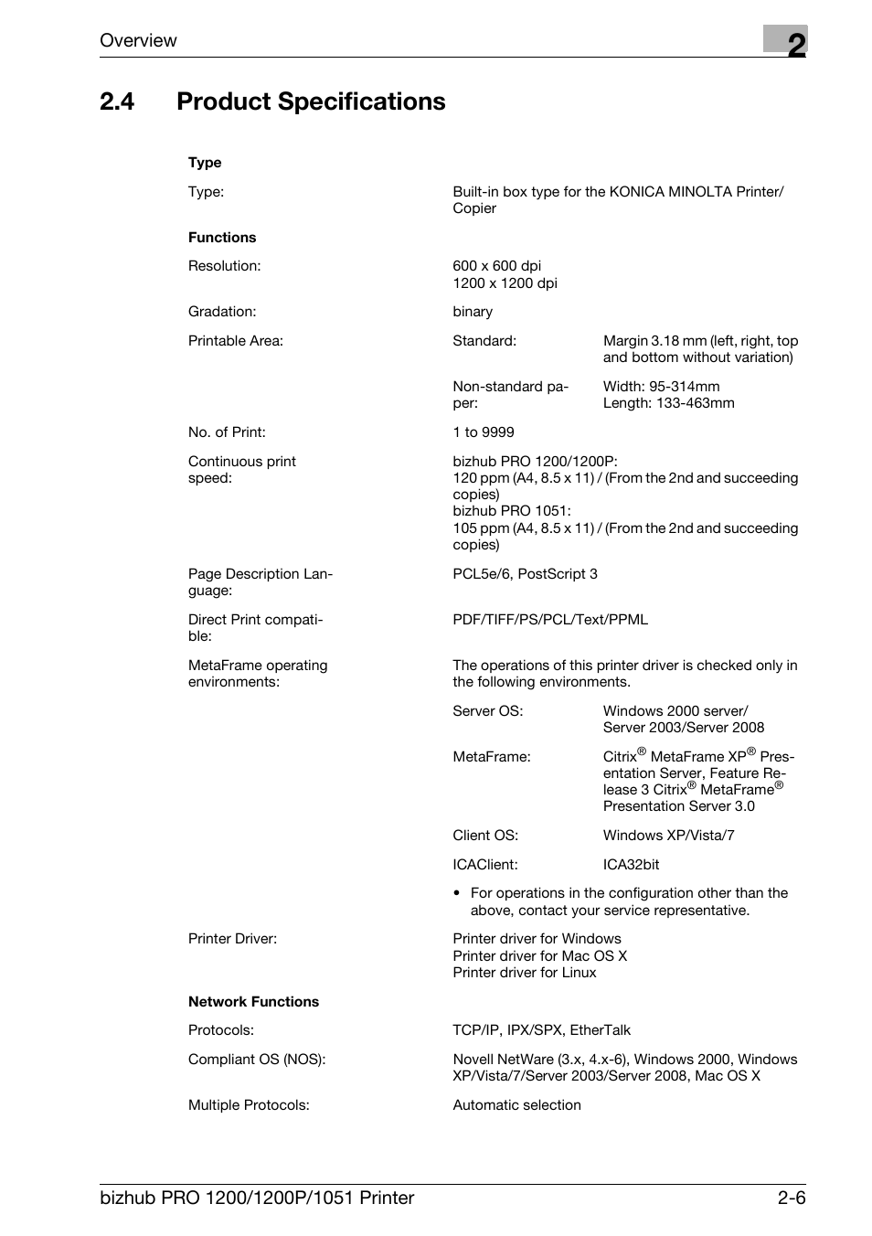 4 product specifications, Product specifications -6, Overview | Konica Minolta bizhub PRO 1051 User Manual | Page 27 / 355