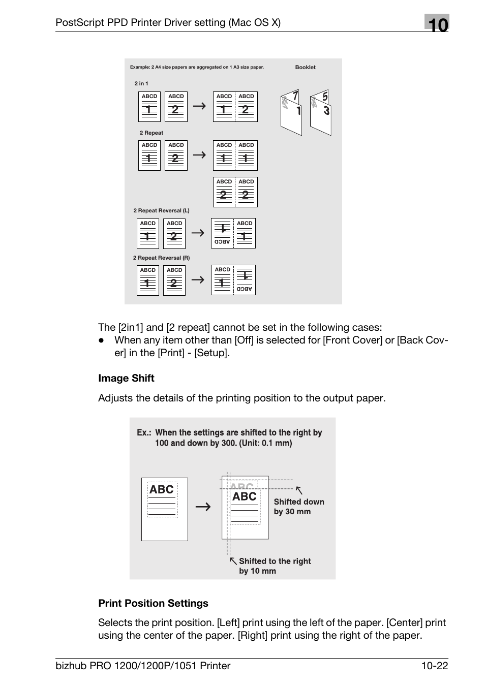 Image shift, Print position settings, Postscript ppd printer driver setting (mac os x) | Konica Minolta bizhub PRO 1051 User Manual | Page 273 / 355