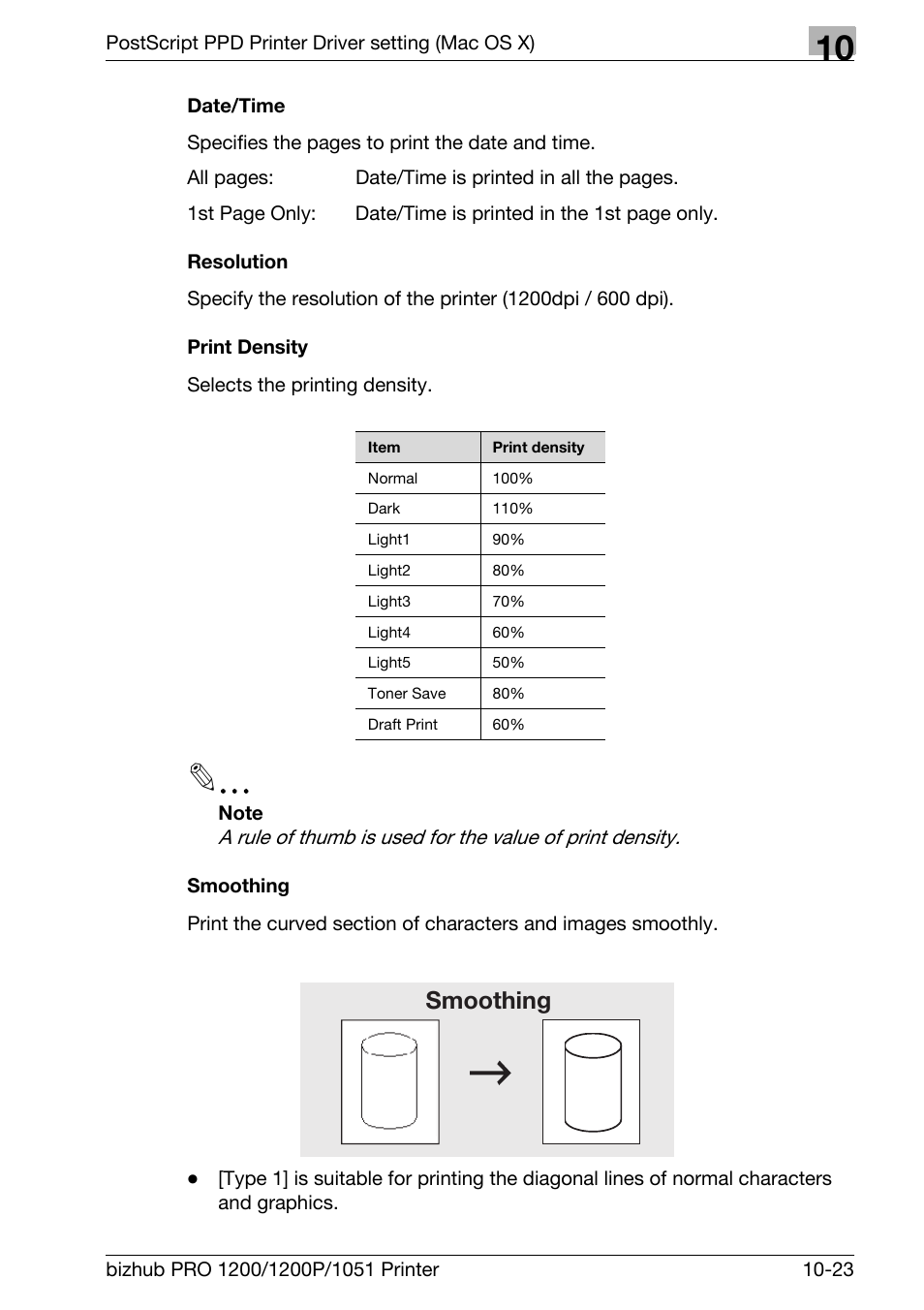 Date/time, Resolution, Print density | Smoothing | Konica Minolta bizhub PRO 1051 User Manual | Page 274 / 355