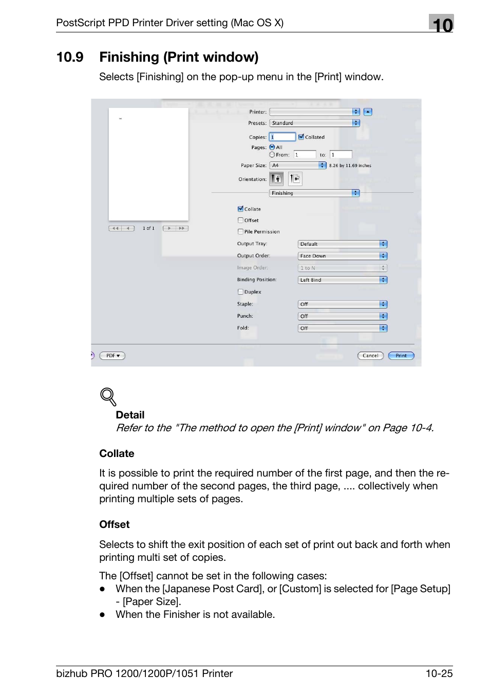 9 finishing (print window), Collate, Offset | Finishing (print window) -25 | Konica Minolta bizhub PRO 1051 User Manual | Page 276 / 355