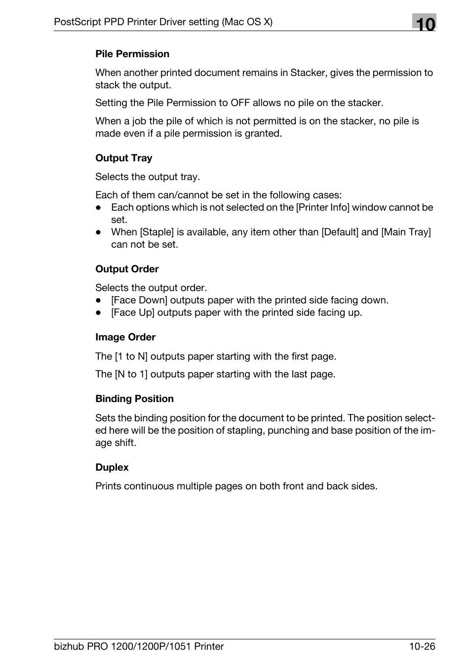 Pile permission, Output tray, Output order | Image order, Binding position, Duplex | Konica Minolta bizhub PRO 1051 User Manual | Page 277 / 355