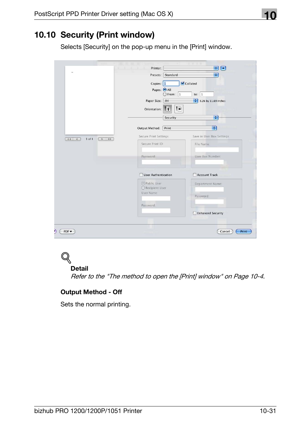 10 security (print window), Output method - off, 10 security (print window) -31 | Konica Minolta bizhub PRO 1051 User Manual | Page 282 / 355