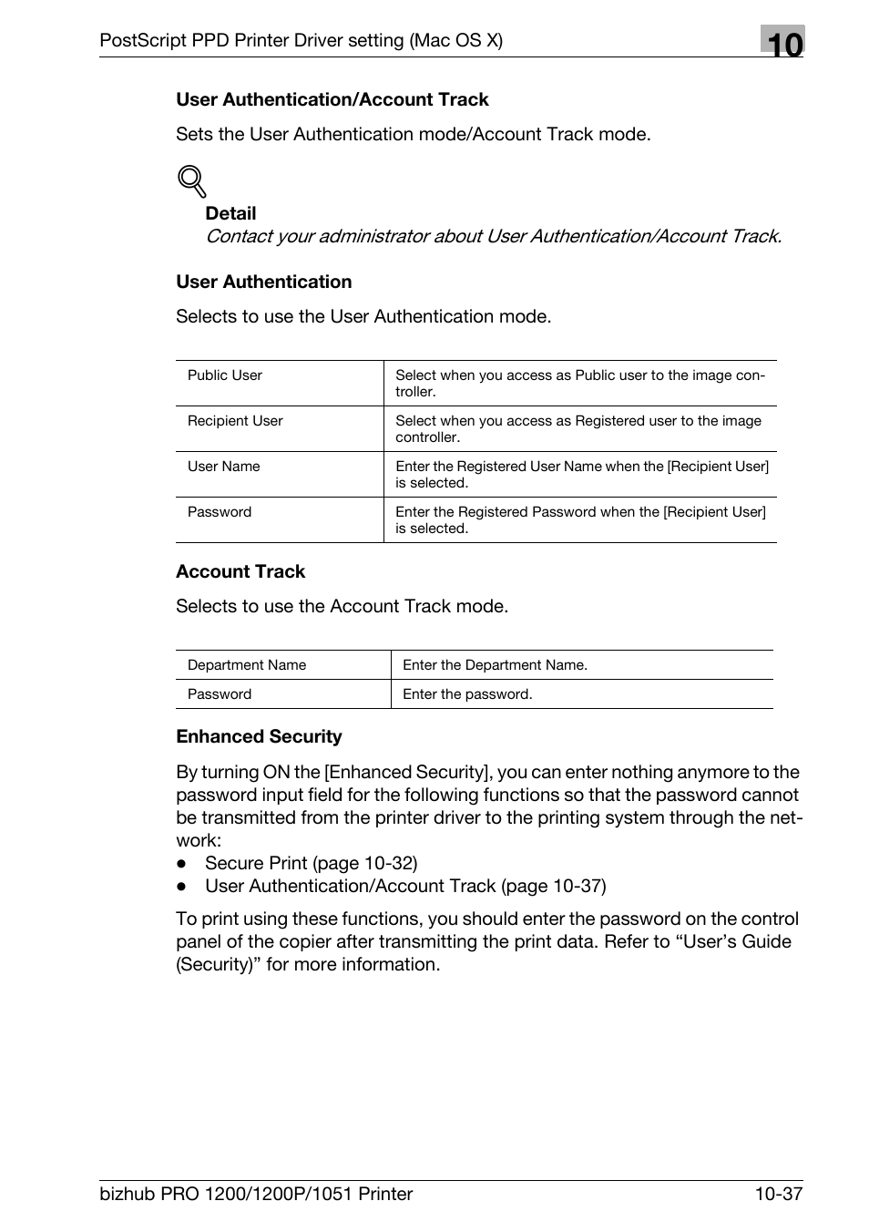 User authentication/account track, User authentication, Account track | Enhanced security | Konica Minolta bizhub PRO 1051 User Manual | Page 288 / 355