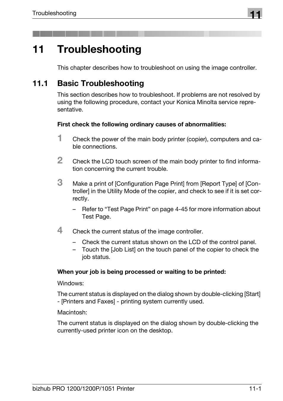 11 troubleshooting, 1 basic troubleshooting, Basic troubleshooting -1 | Chapter 11 troubleshooting | Konica Minolta bizhub PRO 1051 User Manual | Page 289 / 355