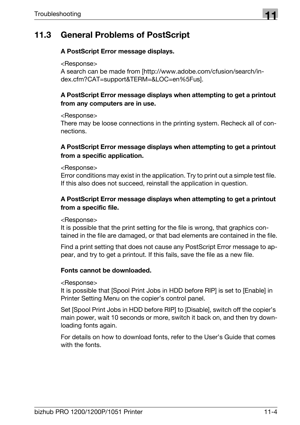 3 general problems of postscript, A postscript error message displays, Fonts cannot be downloaded | General problems of postscript -4 | Konica Minolta bizhub PRO 1051 User Manual | Page 292 / 355