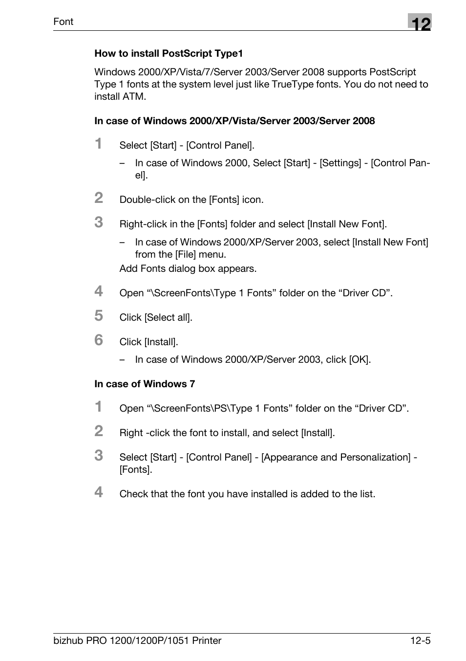 How to install postscript type1, In case of windows 7 | Konica Minolta bizhub PRO 1051 User Manual | Page 299 / 355