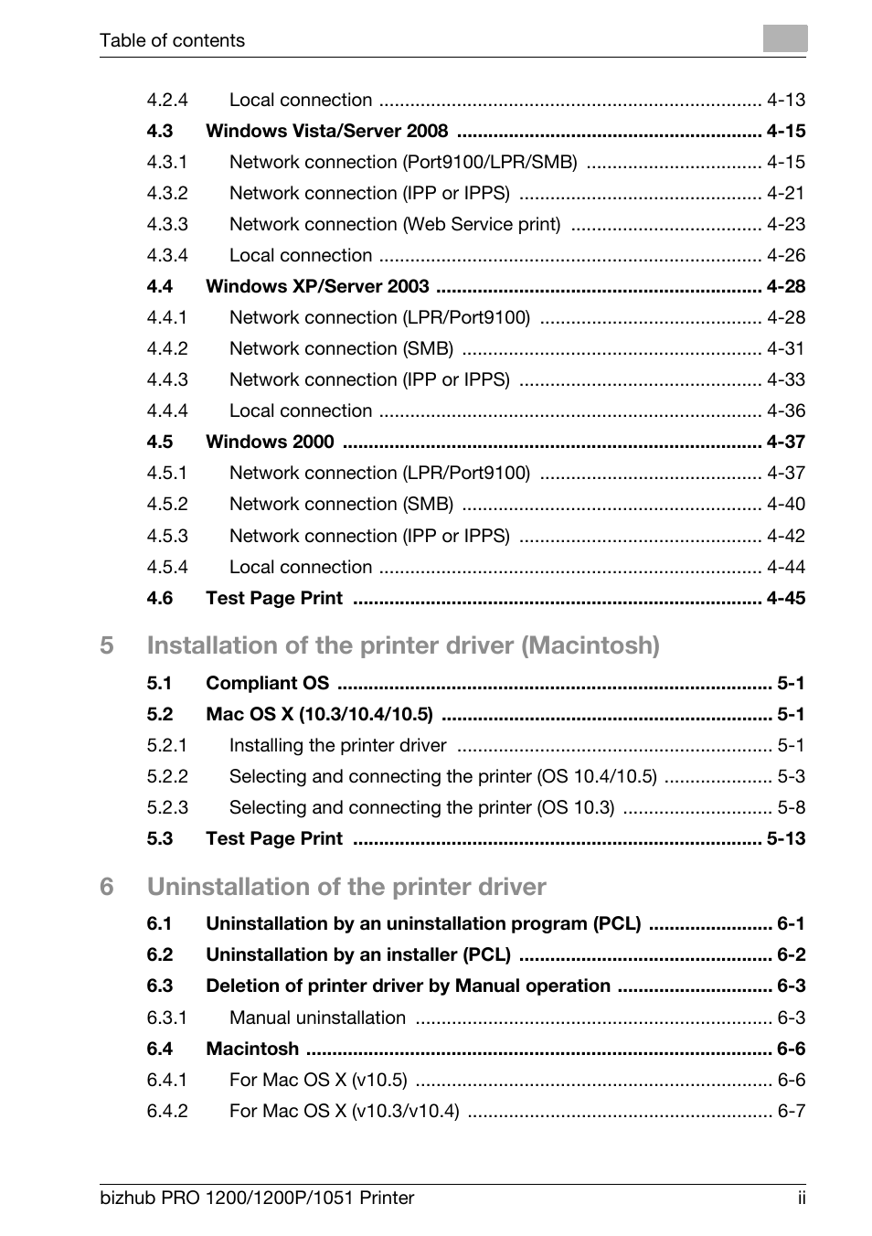5installation of the printer driver (macintosh), 6uninstallation of the printer driver | Konica Minolta bizhub PRO 1051 User Manual | Page 3 / 355