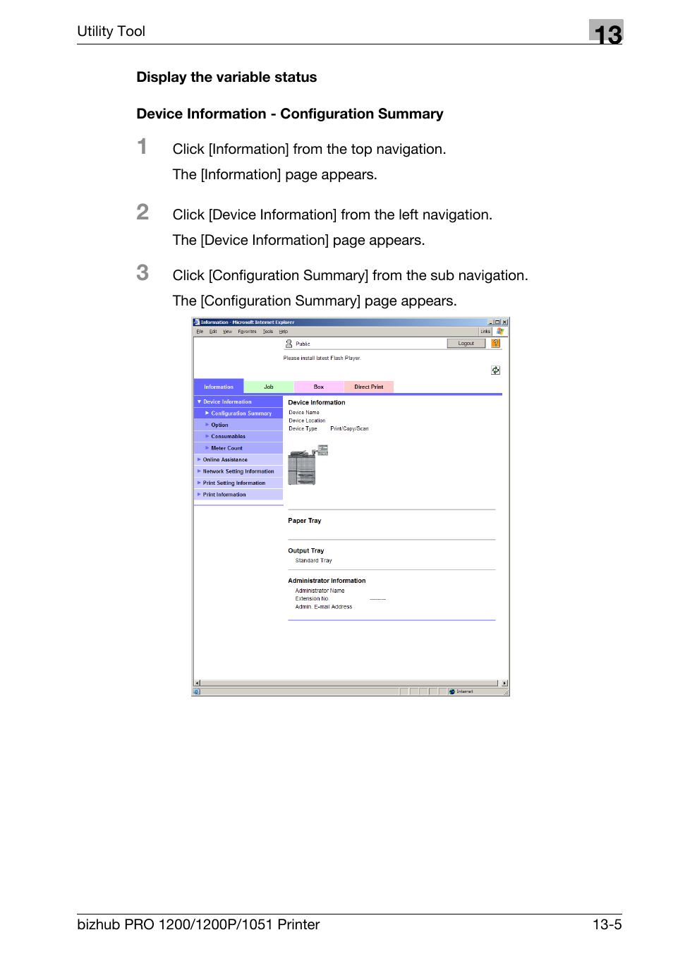 Display the variable status, Device information - configuration summary | Konica Minolta bizhub PRO 1051 User Manual | Page 305 / 355