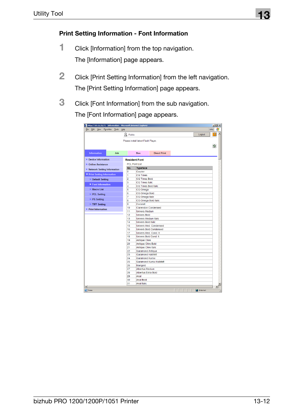 Print setting information - font information | Konica Minolta bizhub PRO 1051 User Manual | Page 312 / 355