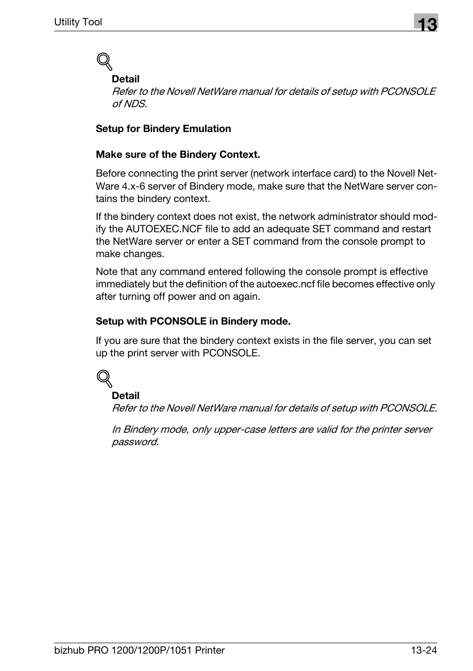 Setup for bindery emulation, Make sure of the bindery context, Setup with pconsole in bindery mode | Konica Minolta bizhub PRO 1051 User Manual | Page 324 / 355