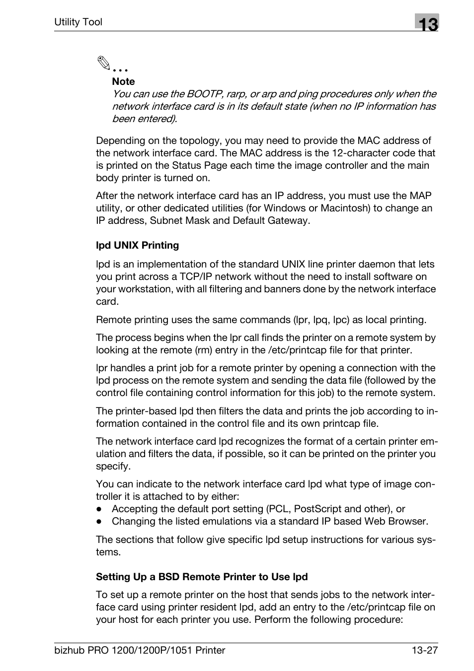 Lpd unix printing, Setting up a bsd remote printer to use lpd | Konica Minolta bizhub PRO 1051 User Manual | Page 327 / 355