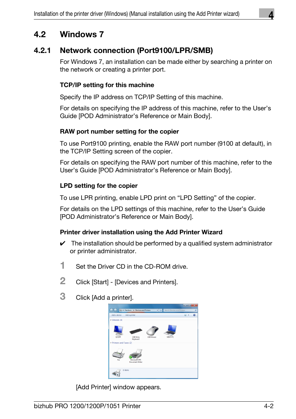 2 windows 7, 1 network connection (port9100/lpr/smb), Tcp/ip setting for this machine | Raw port number setting for the copier, Lpd setting for the copier, Windows 7 -2, Network connection (port9100/lpr/smb) -2 | Konica Minolta bizhub PRO 1051 User Manual | Page 34 / 355