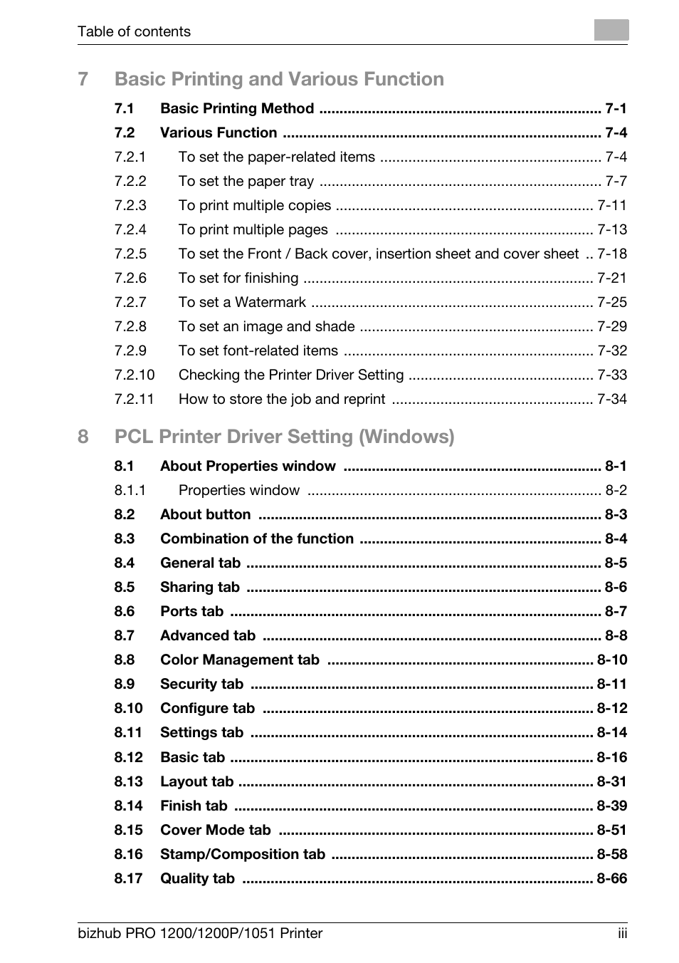 7basic printing and various function, 8pcl printer driver setting (windows) | Konica Minolta bizhub PRO 1051 User Manual | Page 4 / 355