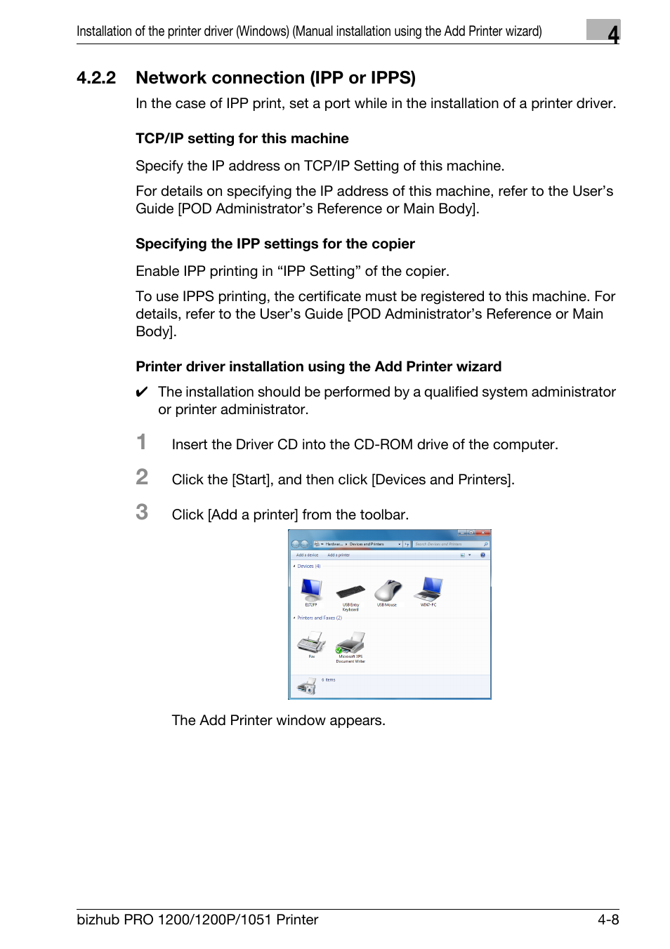 2 network connection (ipp or ipps), Tcp/ip setting for this machine, Specifying the ipp settings for the copier | Network connection (ipp or ipps) -8 | Konica Minolta bizhub PRO 1051 User Manual | Page 40 / 355