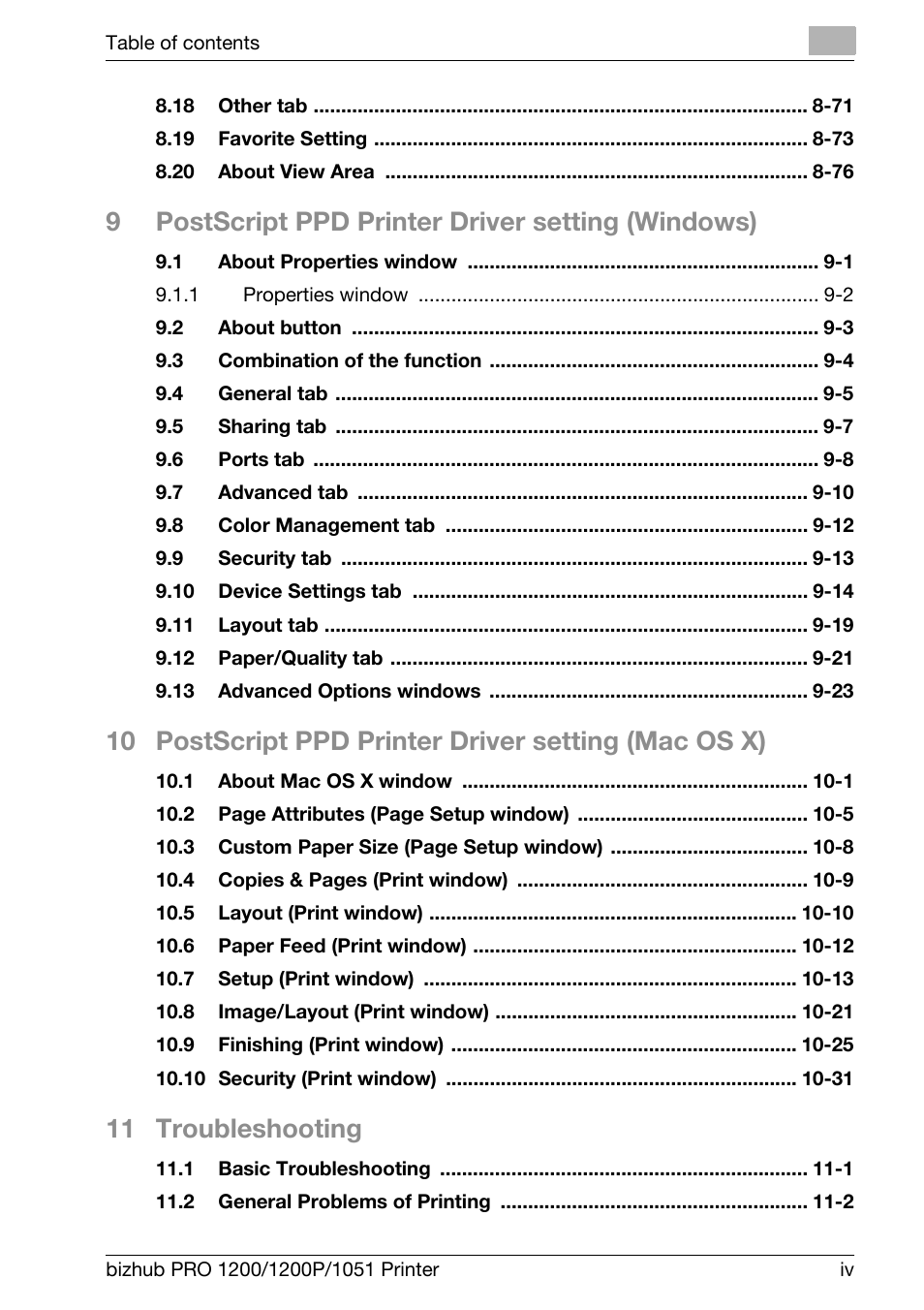 9postscript ppd printer driver setting (windows), 11 troubleshooting | Konica Minolta bizhub PRO 1051 User Manual | Page 5 / 355